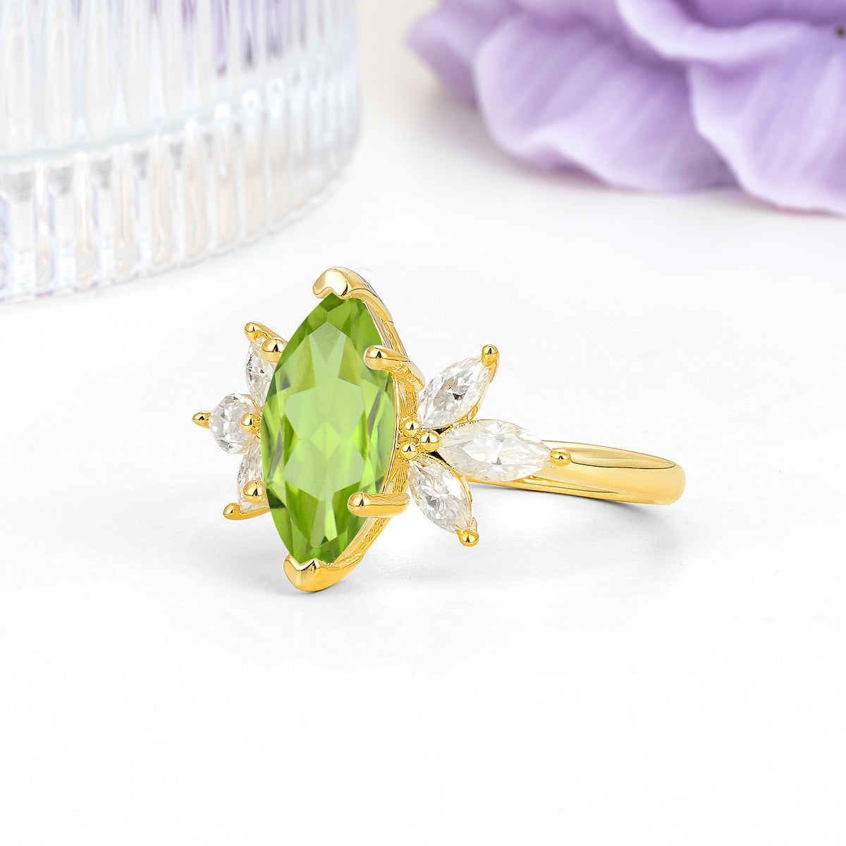 Large Marquise Center Solitaire Symmetric Three Marquise Cut Side PetalPeridot Engagement Ring - Additional view
