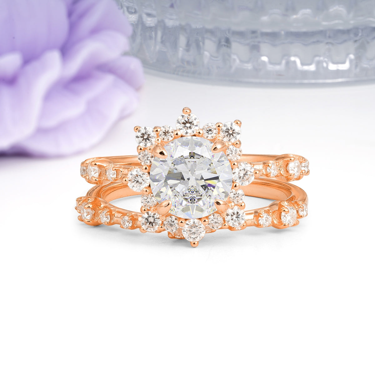Rainbow Flash Floral Halo Twisted Arm Mini Accent Round Cut Moissanite Bridal Ring Set - Additional view