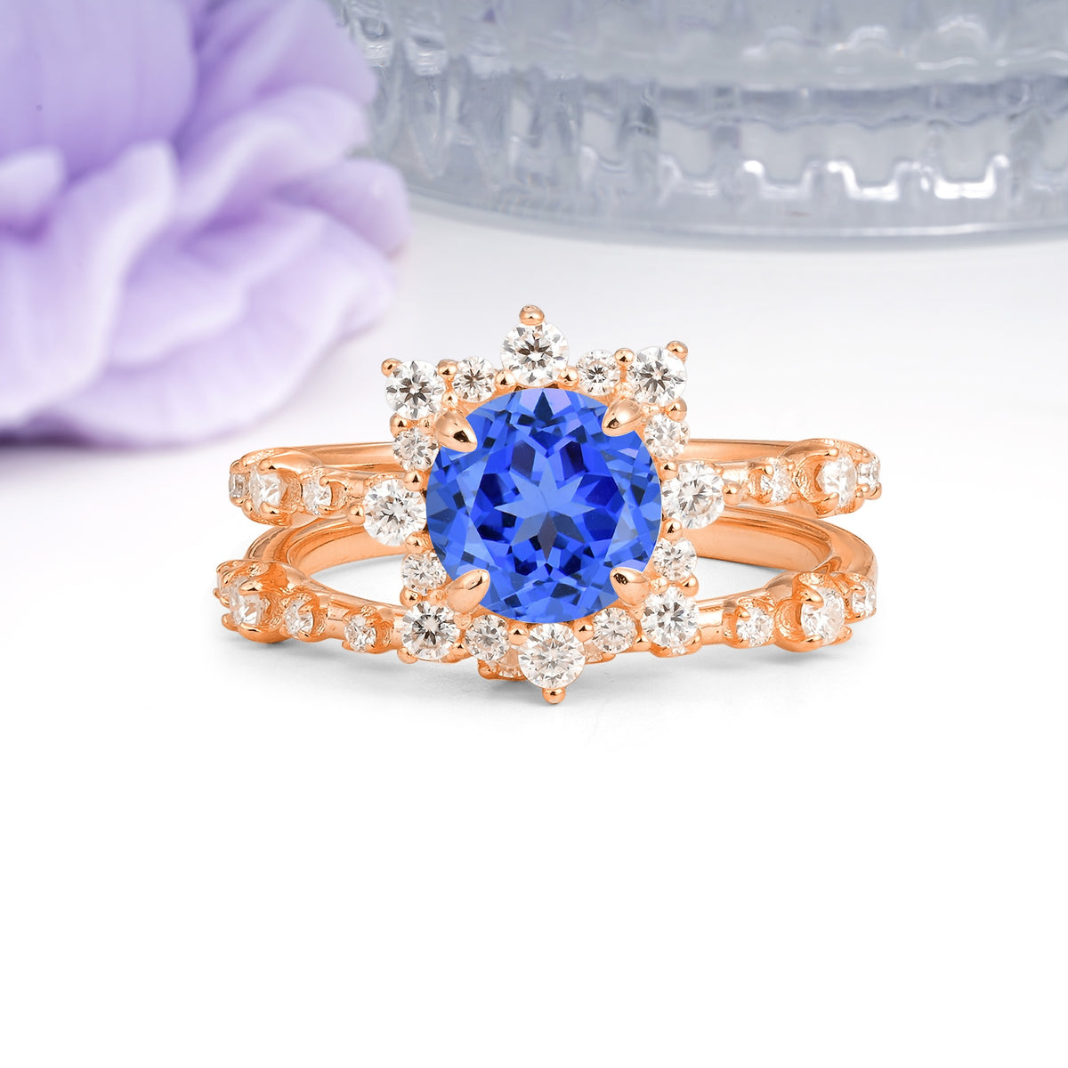 Rainbow Flash Floral Halo Twisted Arm Mini Accent Round Cut Sapphire Bridal Ring Set - Additional view