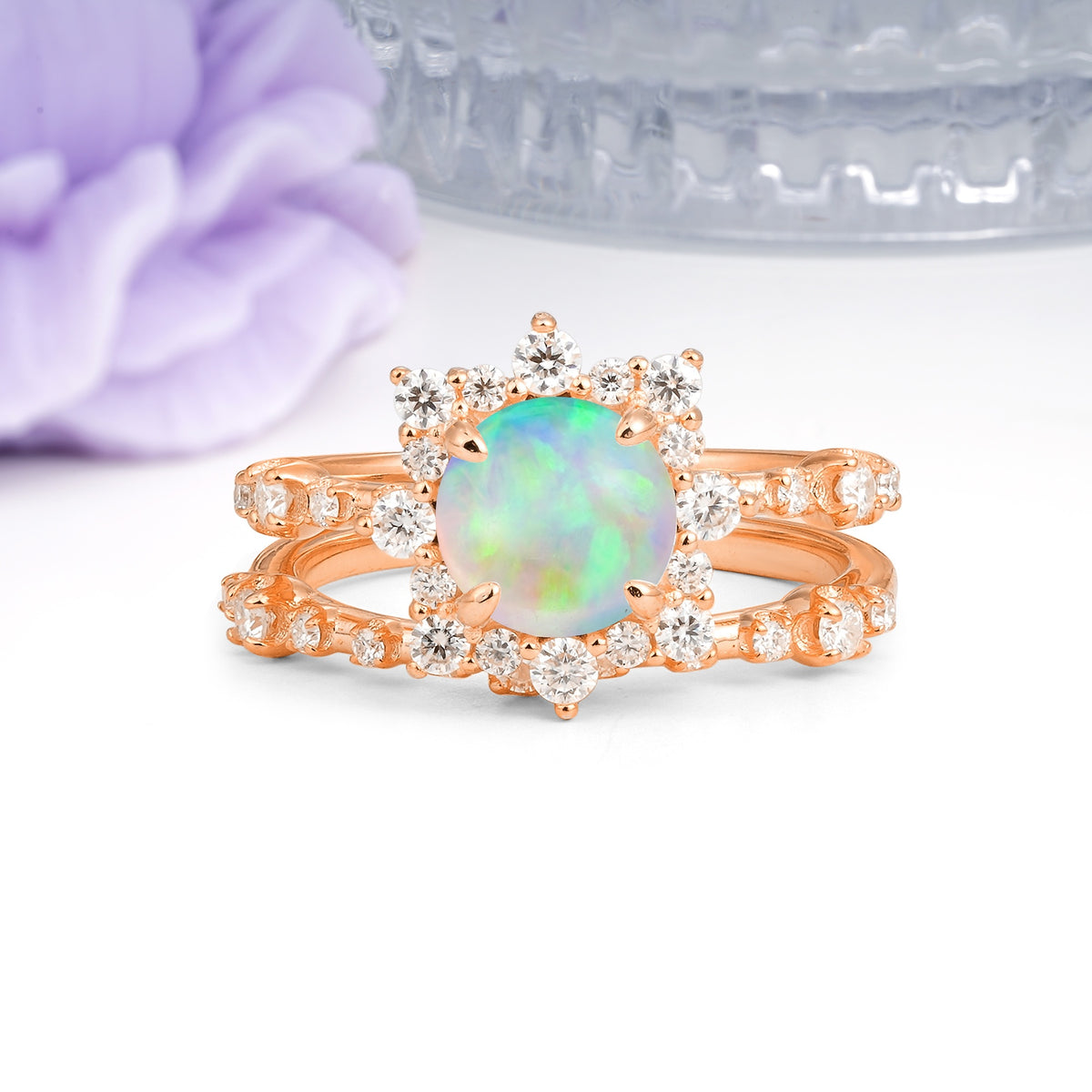 Rainbow Flash Floral Halo Twisted Arm Mini Accent Round Cut Fire Opal Bridal Ring Set - Additional view