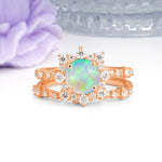 Rainbow Flash Floral Halo Twisted Arm Mini Accent Round Cut Fire Opal Bridal Ring Set - Additional view