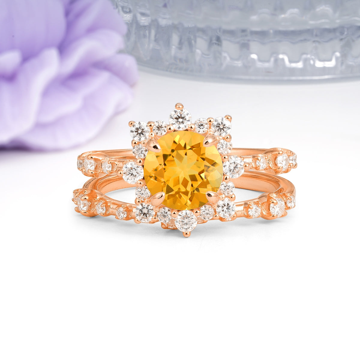 Rainbow Flash Floral Halo Twisted Arm Mini Accent Round Cut Citrine Bridal Ring Set - Additional view