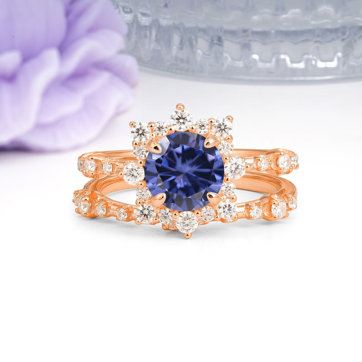 Rainbow Flash Floral Halo Twisted Arm Mini Accent Round Cut Tanzanite Bridal Ring Set - Additional view