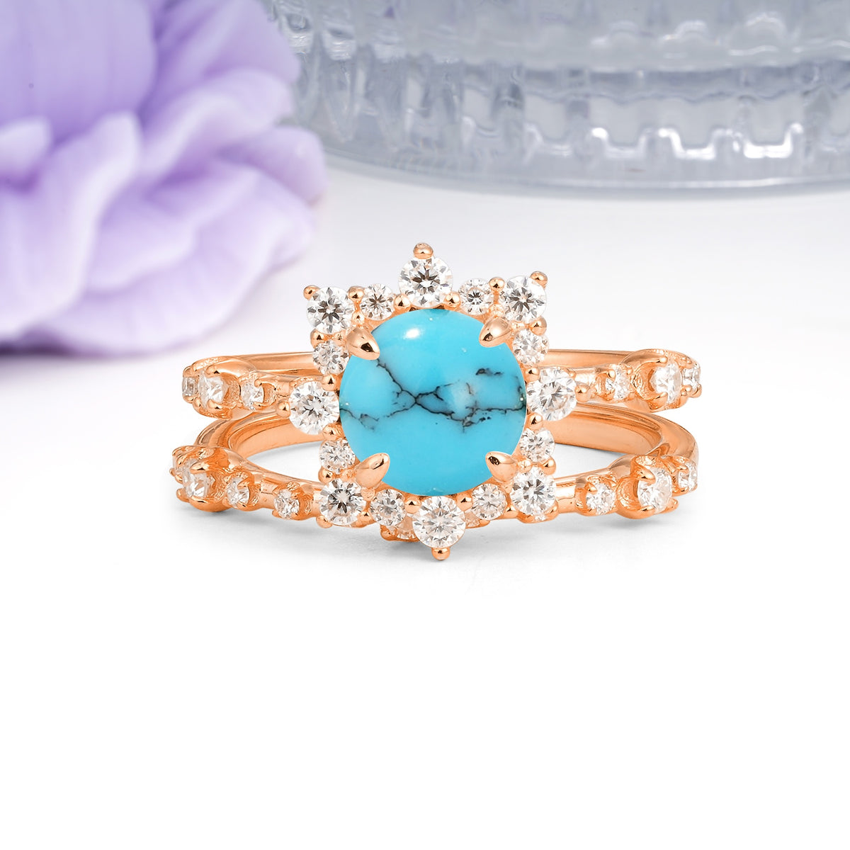 Rainbow Flash Floral Halo Twisted Arm Mini Accent Round Cut Turquoise Bridal Ring Set - Additional view
