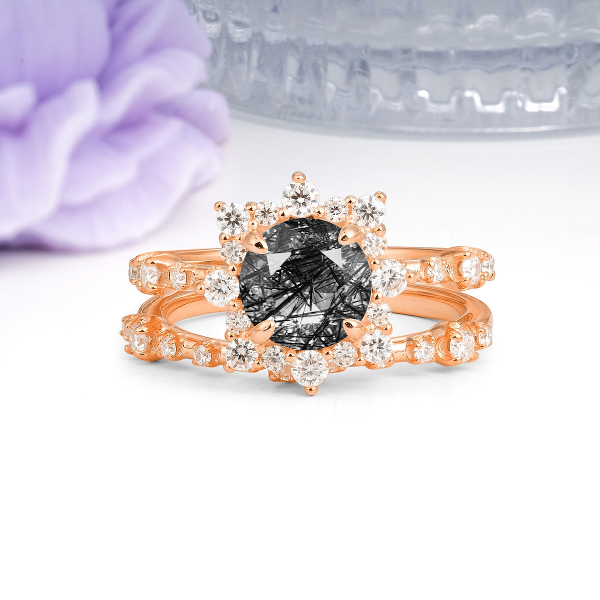 Rainbow Flash Floral Halo Twisted Arm Mini Accent Round Cut Black Rutilated Quartz Bridal Ring Set - Additional view