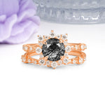 Rainbow Flash Floral Halo Twisted Arm Mini Accent Round Cut Black Rutilated Quartz Bridal Ring Set - Additional view