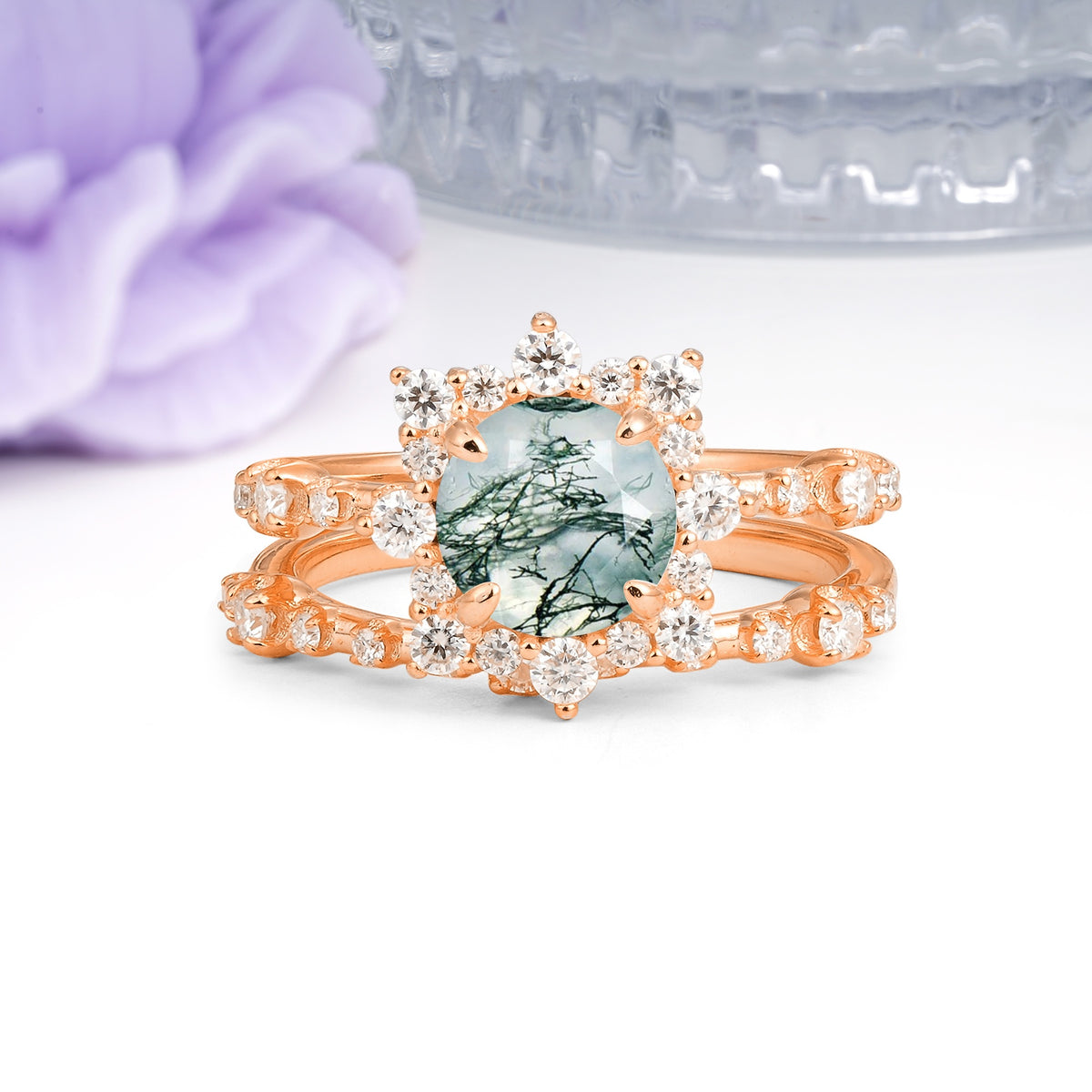 Rainbow Flash Floral Halo Twisted Arm Mini Accent Round Cut Moss Agate Bridal Ring Set - Additional view