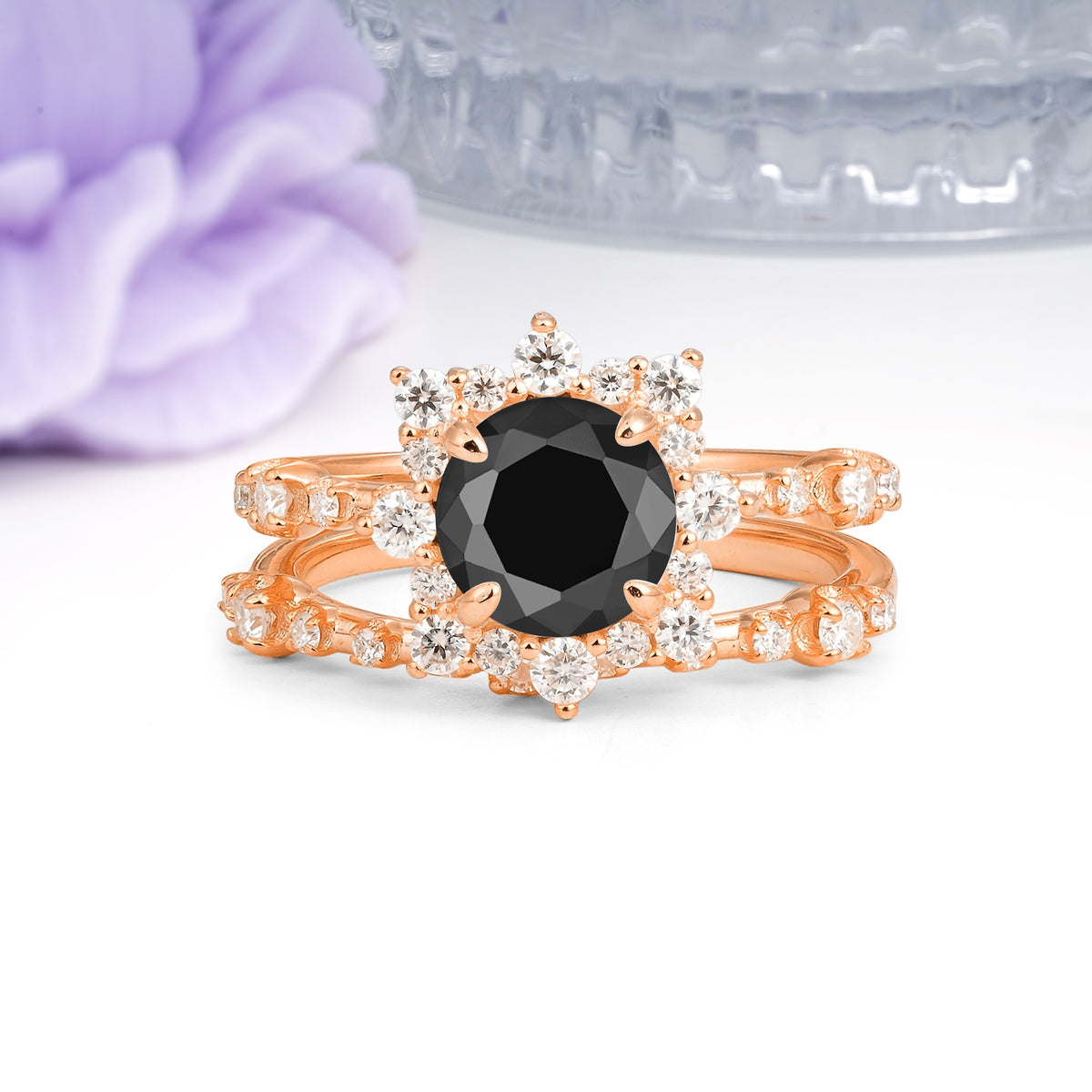 Rainbow Flash Floral Halo Twisted Arm Mini Accent Round Cut Black Onyx Bridal Ring Set - Additional view