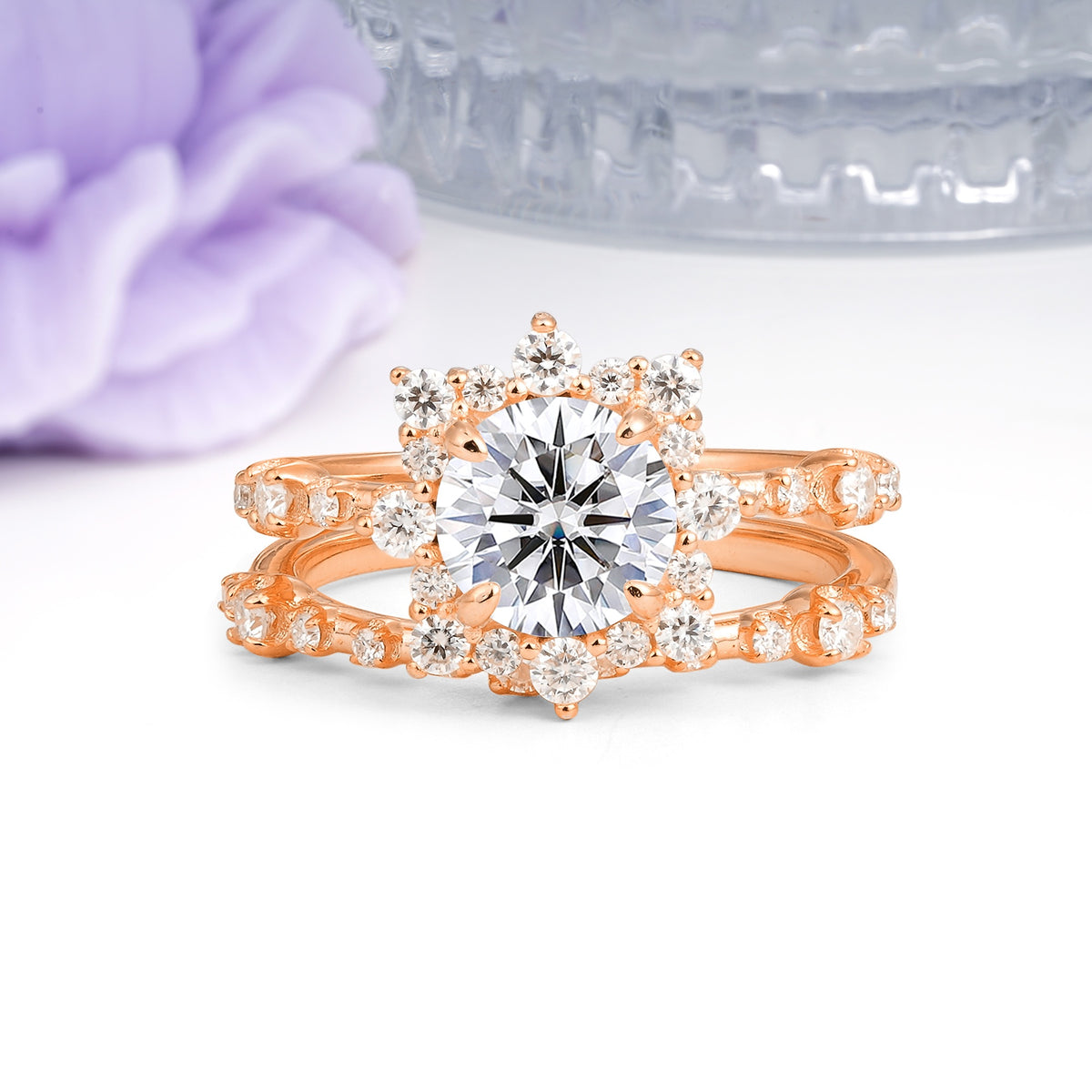 Rainbow Flash Floral Halo Twisted Arm Mini Accent Round Cut Lab Diamond Bridal Ring Set - Additional view
