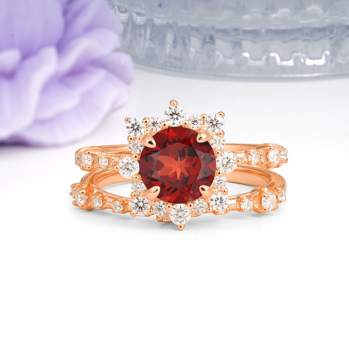 Rainbow Flash Floral Halo Twisted Arm Mini Accent Round Cut Garnet Bridal Ring Set - Additional view