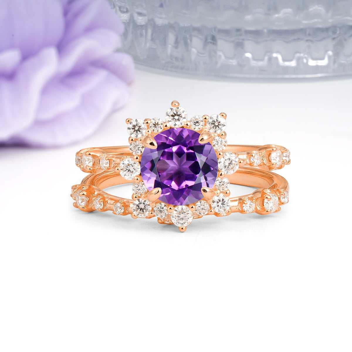 Rainbow Flash Floral Halo Twisted Arm Mini Accent Round Cut Amethyst Bridal Ring Set - Additional view