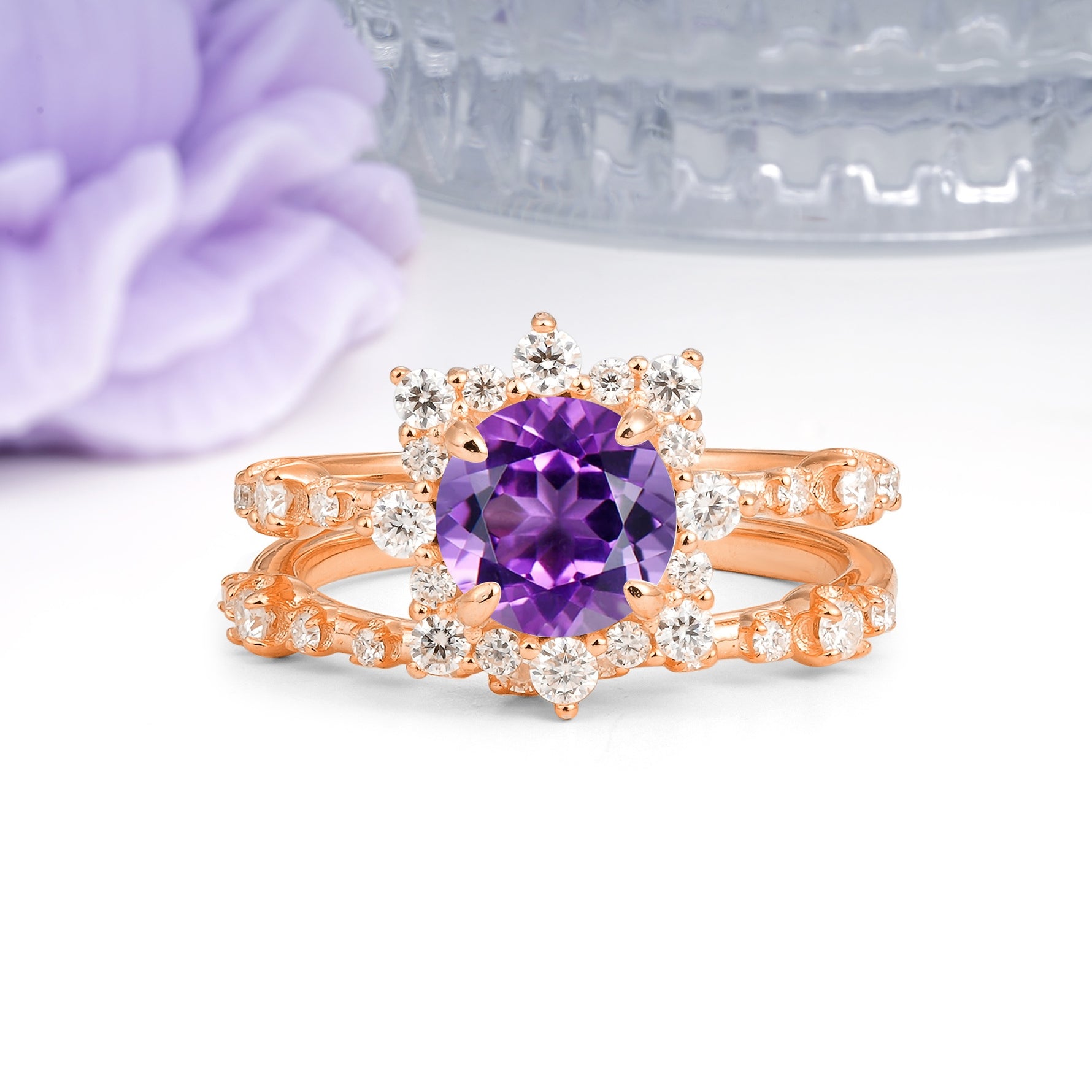 Rainbow Flash Floral Halo Twisted Arm Mini Accent Round Cut Amethyst Bridal Ring Set - Additional view