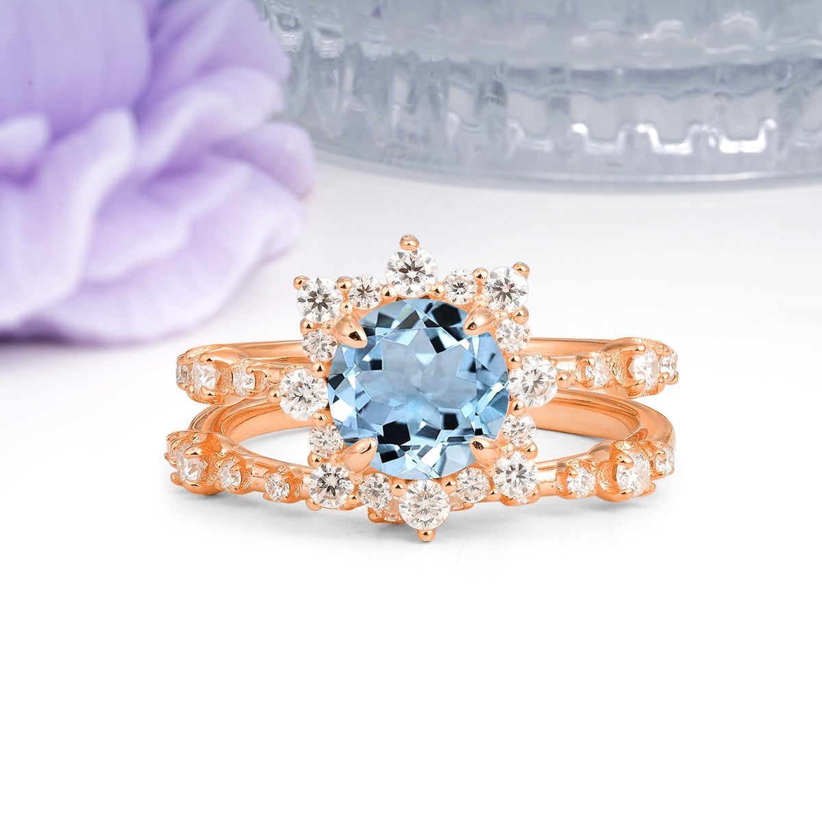 Rainbow Flash Floral Halo Twisted Arm Mini Accent Round Cut Aquamarine Bridal Ring Set - Additional view