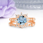 Rainbow Flash Floral Halo Twisted Arm Mini Accent Round Cut Aquamarine Bridal Ring Set - Additional view