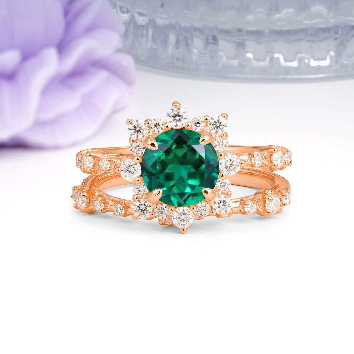 Rainbow Flash Floral Halo Twisted Arm Mini Accent Round Cut Emerald Bridal Ring Set - Additional view