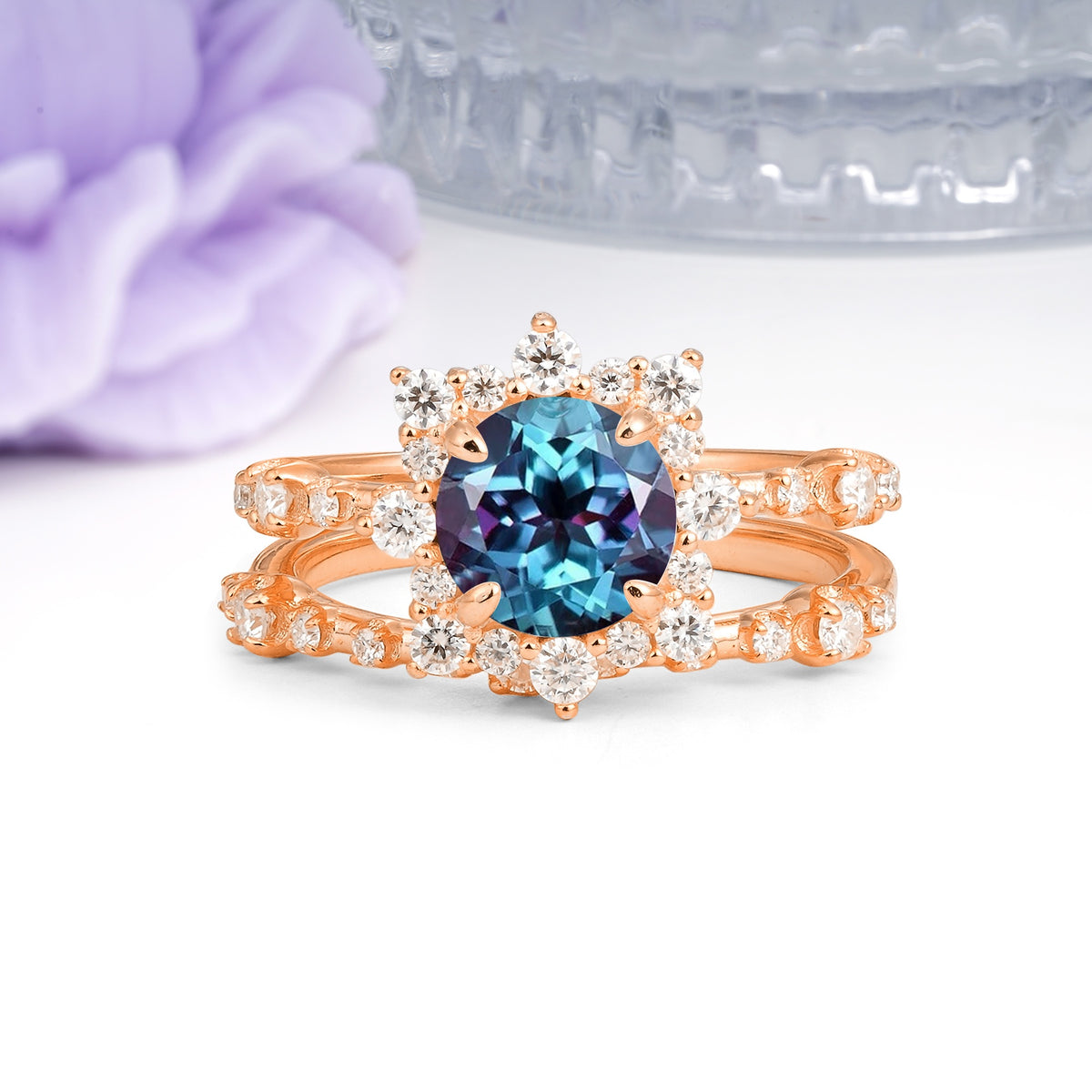 Rainbow Flash Floral Halo Twisted Arm Mini Accent Round Cut Alexandrite Bridal Ring Set - Additional view