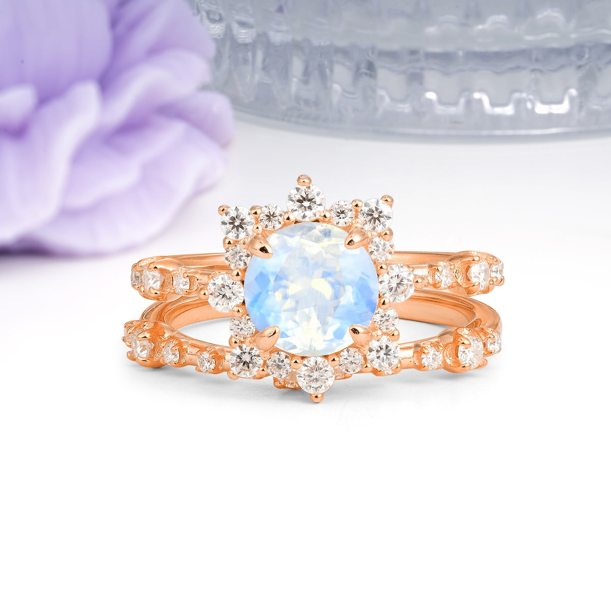 Rainbow Flash Floral Halo Twisted Arm Mini Accent Round Cut Moonstone Bridal Ring Set - Additional view