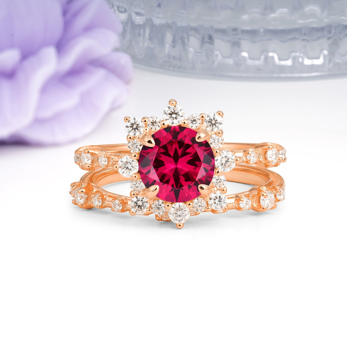 Rainbow Flash Floral Halo Twisted Arm Mini Accent Round Cut Ruby Bridal Ring Set - Additional view