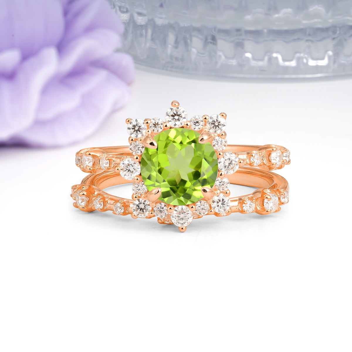 Rainbow Flash Floral Halo Twisted Arm Mini Accent Round Cut Peridot Bridal Ring Set - Additional view