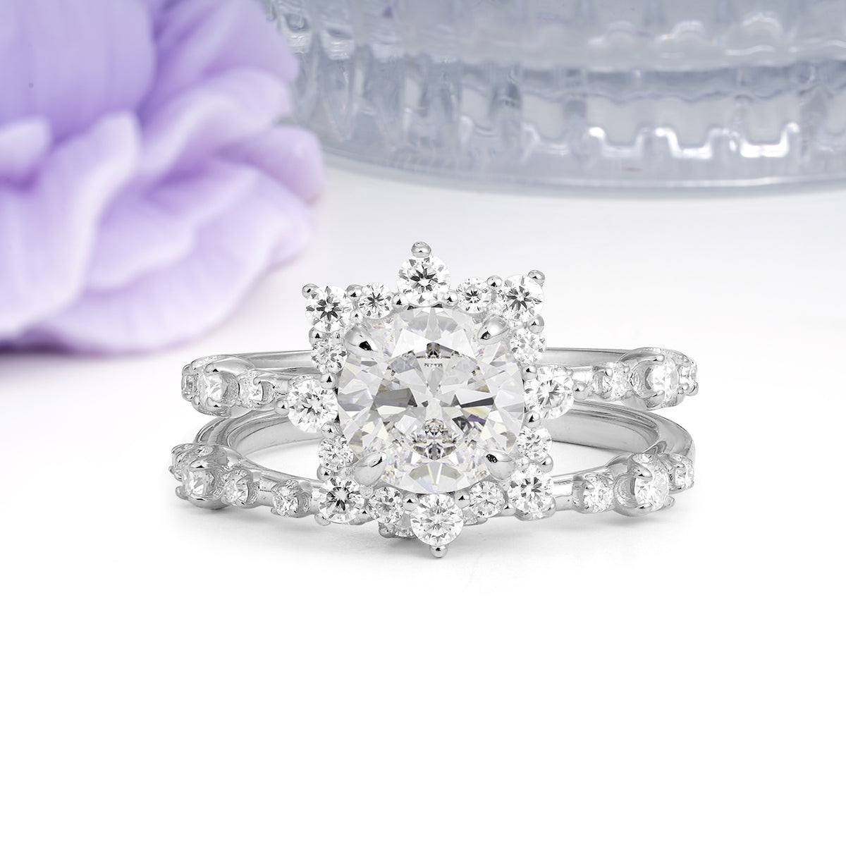 Rainbow Flash Floral Halo Twisted Arm Mini Accent Round Cut Moissanite Bridal Ring Set - Additional view