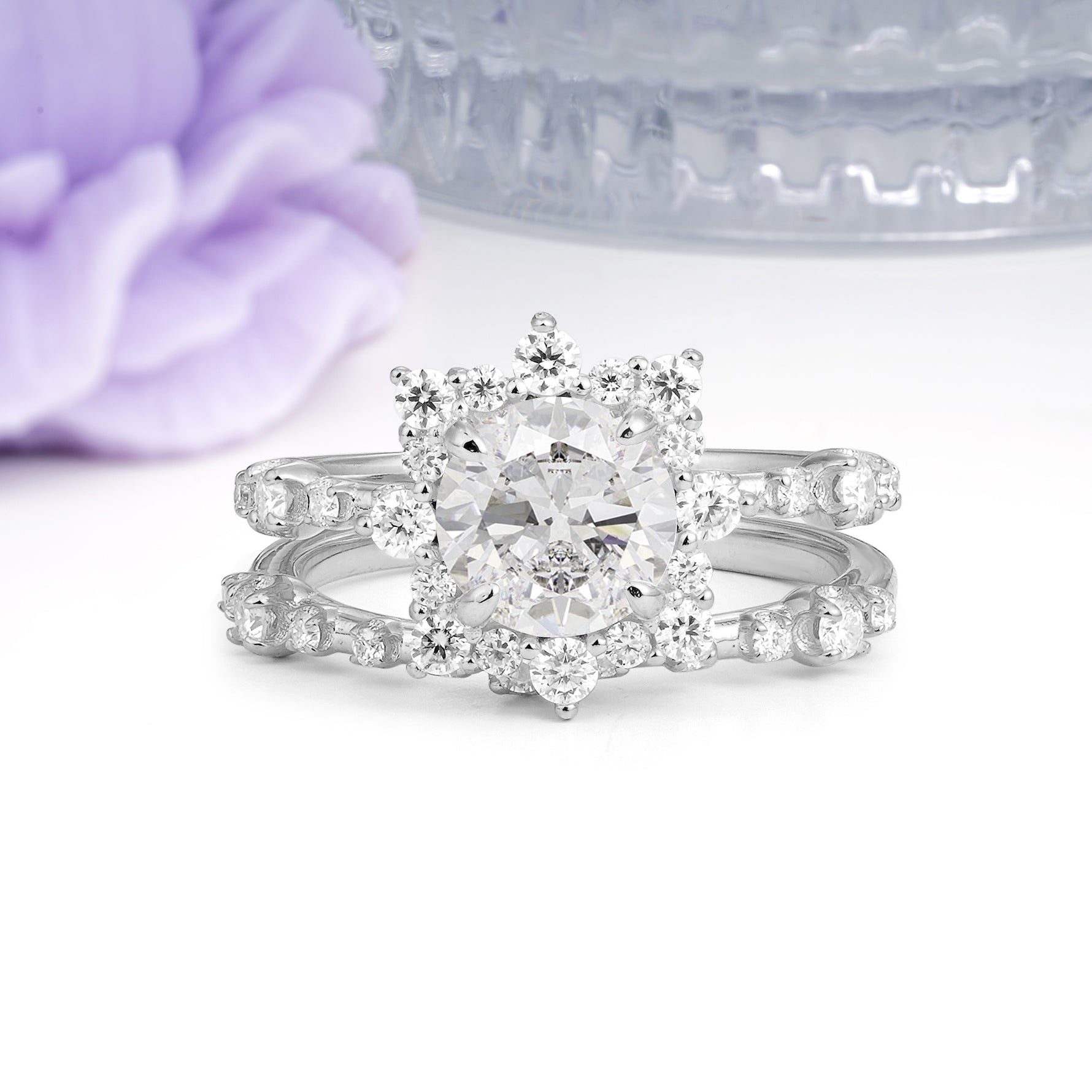 Rainbow Flash Floral Halo Twisted Arm Mini Accent Round Cut Moissanite Bridal Ring Set - Additional view