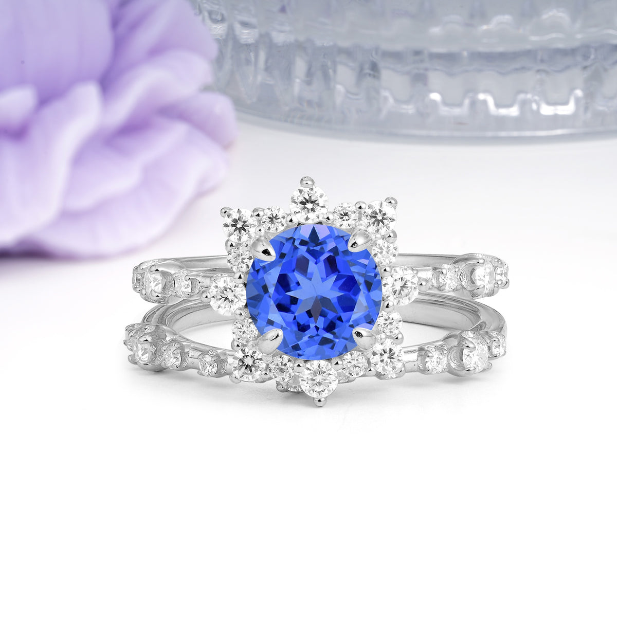 Rainbow Flash Floral Halo Twisted Arm Mini Accent Round Cut Sapphire Bridal Ring Set - Additional view