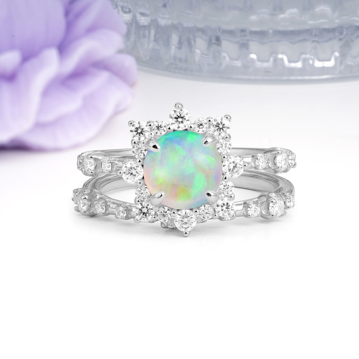 Rainbow Flash Floral Halo Twisted Arm Mini Accent Round Cut Fire Opal Bridal Ring Set - Additional view