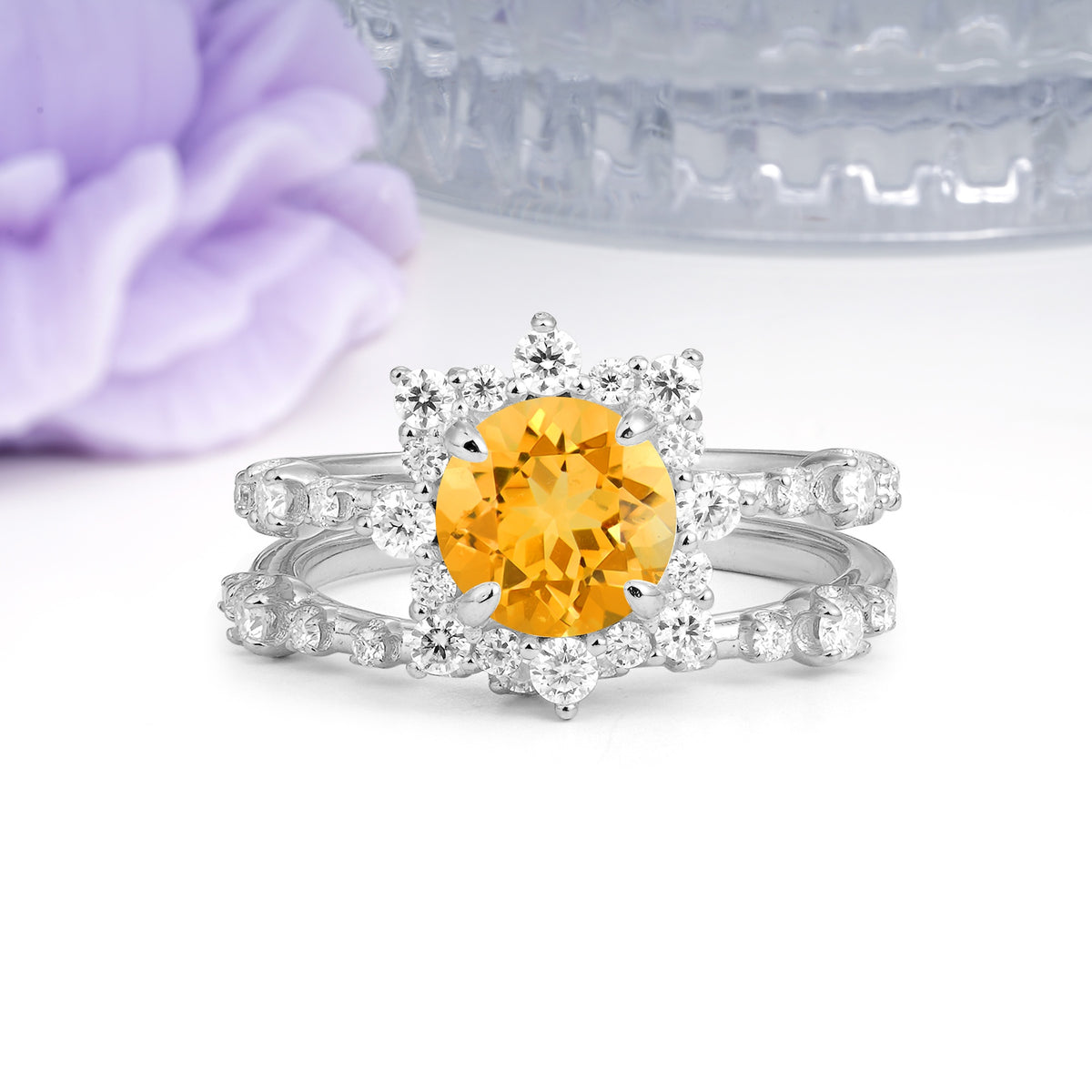 Rainbow Flash Floral Halo Twisted Arm Mini Accent Round Cut Citrine Bridal Ring Set - Additional view