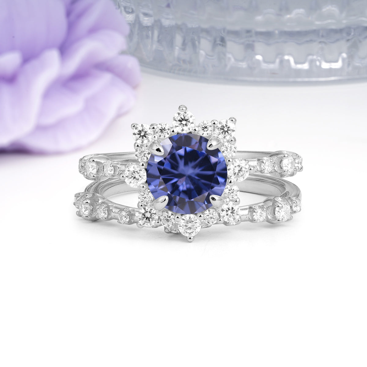 Rainbow Flash Floral Halo Twisted Arm Mini Accent Round Cut Tanzanite Bridal Ring Set - Additional view