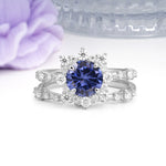Rainbow Flash Floral Halo Twisted Arm Mini Accent Round Cut Tanzanite Bridal Ring Set - Additional view
