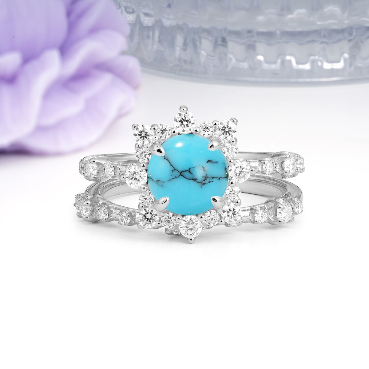 Rainbow Flash Floral Halo Twisted Arm Mini Accent Round Cut Turquoise Bridal Ring Set - Additional view