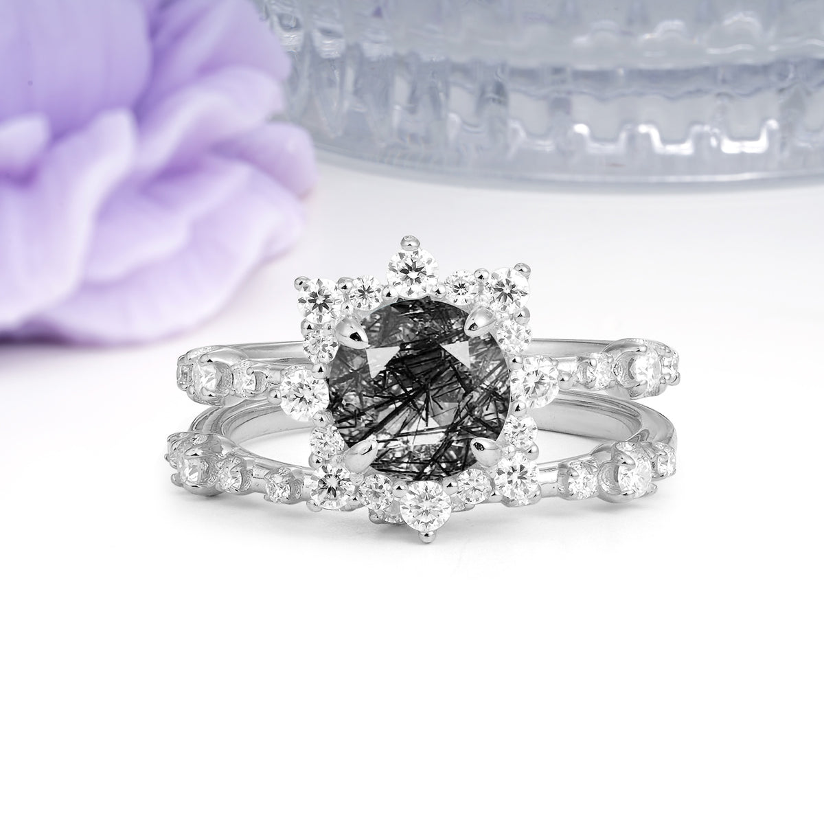 Rainbow Flash Floral Halo Twisted Arm Mini Accent Round Cut Black Rutilated Quartz Bridal Ring Set - Additional view