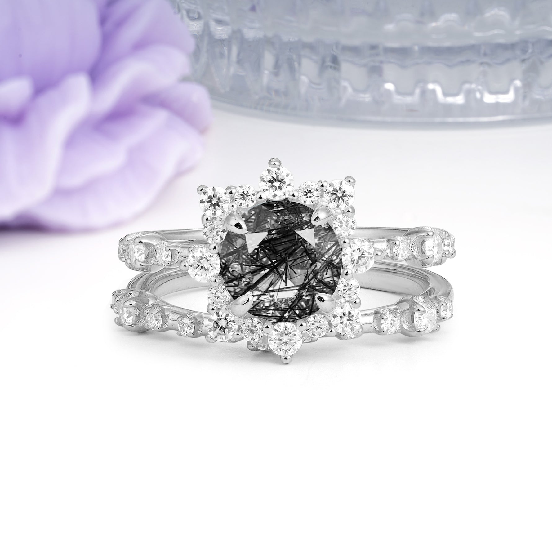 Rainbow Flash Floral Halo Twisted Arm Mini Accent Round Cut Black Rutilated Quartz Bridal Ring Set - Additional view