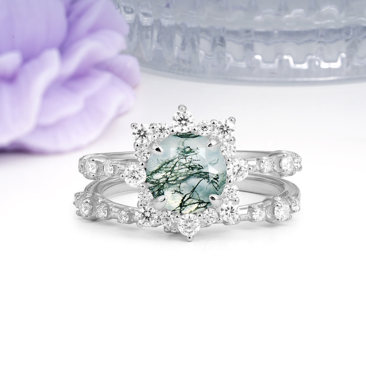 Rainbow Flash Floral Halo Twisted Arm Mini Accent Round Cut Moss Agate Bridal Ring Set - Additional view