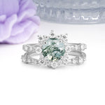 Rainbow Flash Floral Halo Twisted Arm Mini Accent Round Cut Moss Agate Bridal Ring Set - Additional view