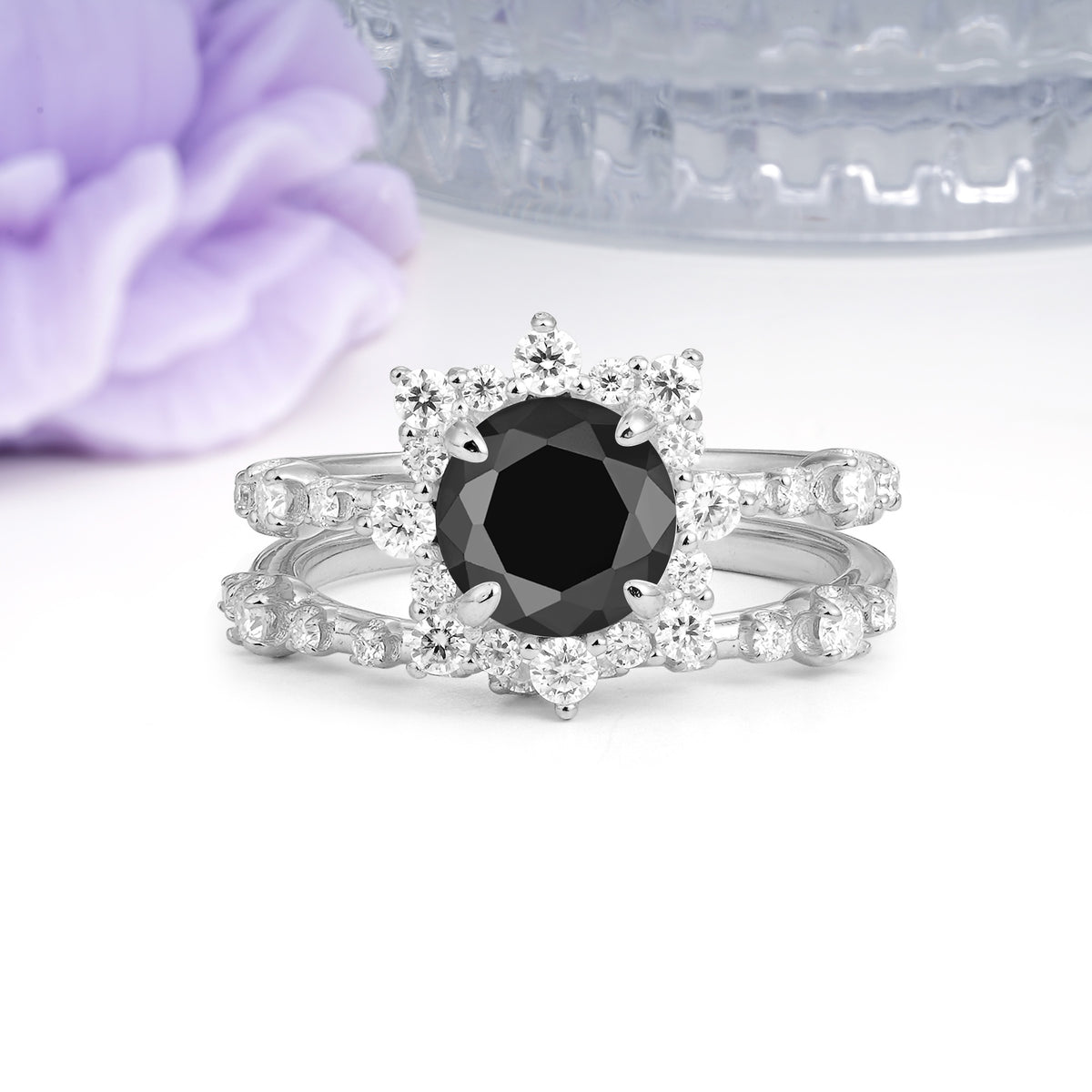 Rainbow Flash Floral Halo Twisted Arm Mini Accent Round Cut Black Onyx Bridal Ring Set - Additional view