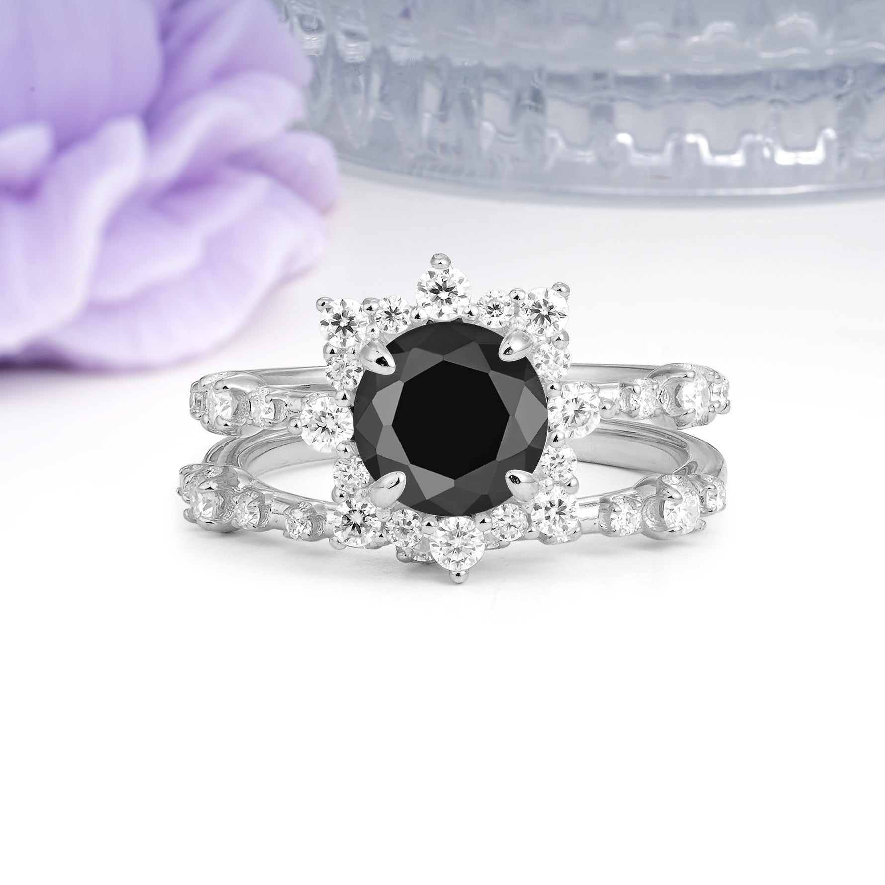 Rainbow Flash Floral Halo Twisted Arm Mini Accent Round Cut Black Onyx Bridal Ring Set - Additional view