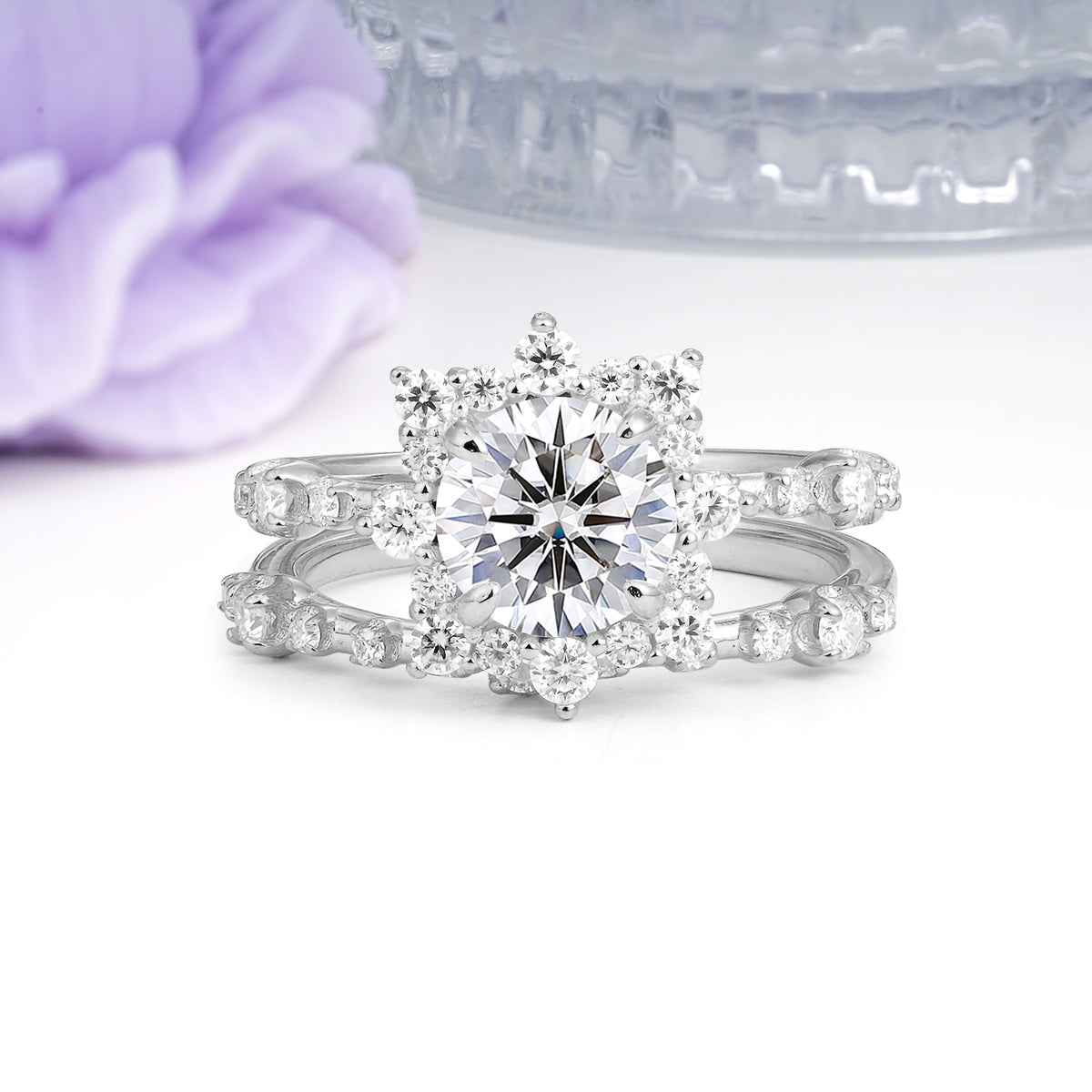 Rainbow Flash Floral Halo Twisted Arm Mini Accent Round Cut Lab Diamond Bridal Ring Set - Additional view