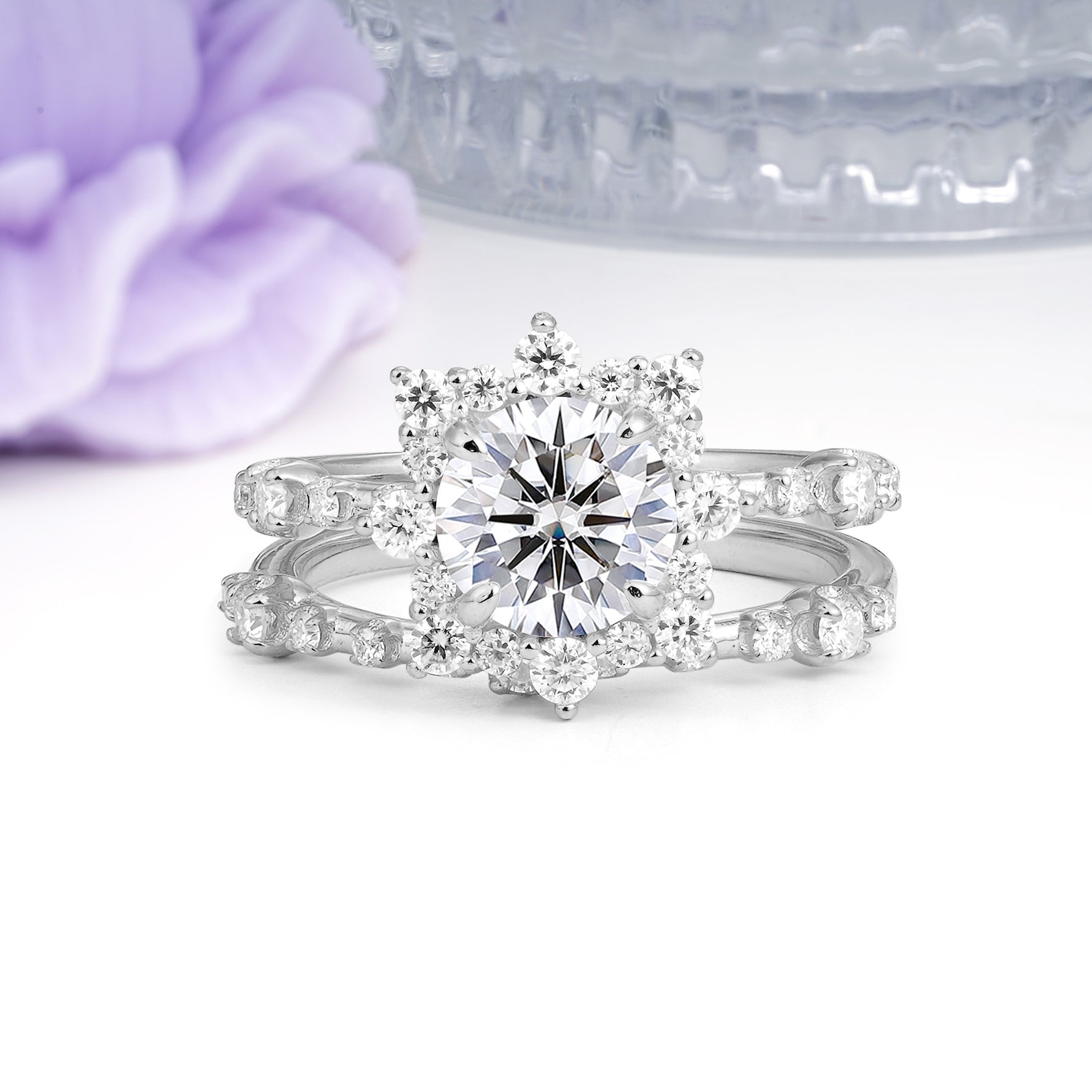 Rainbow Flash Floral Halo Twisted Arm Mini Accent Round Cut Lab Diamond Bridal Ring Set - Additional view