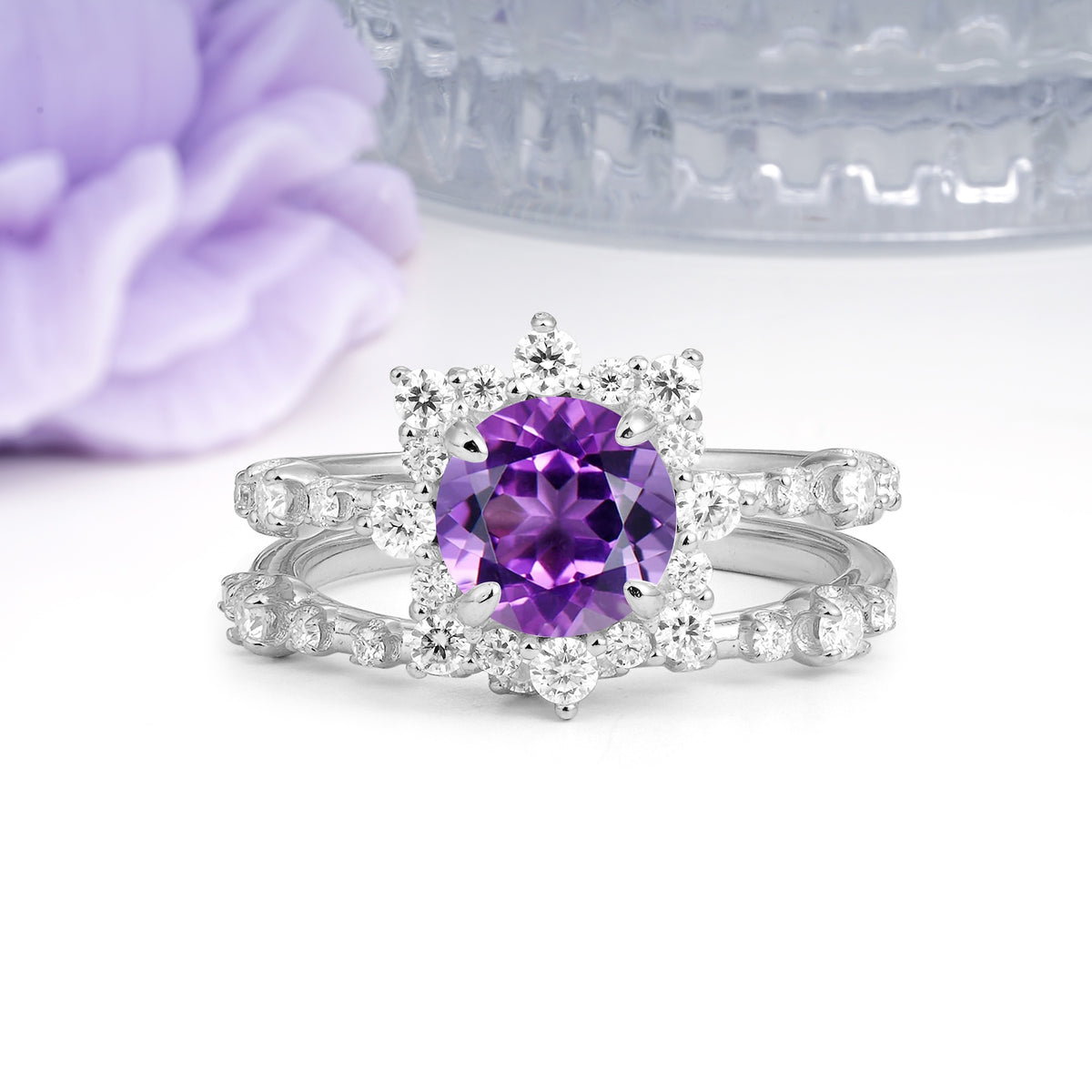 Rainbow Flash Floral Halo Twisted Arm Mini Accent Round Cut Amethyst Bridal Ring Set - Additional view