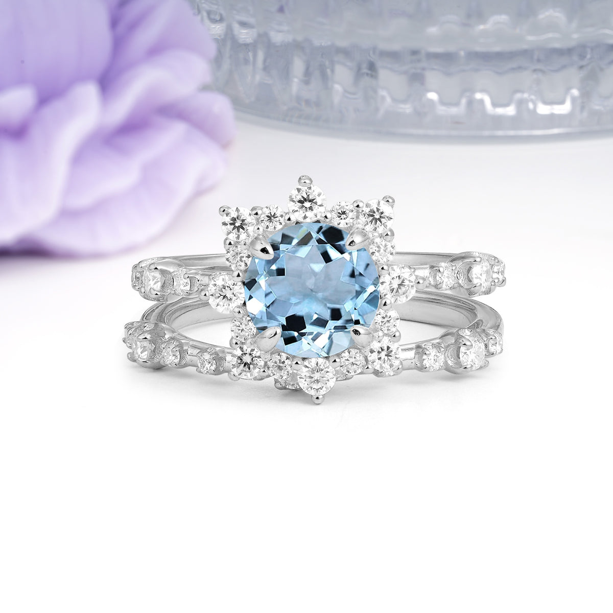 Rainbow Flash Floral Halo Twisted Arm Mini Accent Round Cut Aquamarine Bridal Ring Set - Additional view