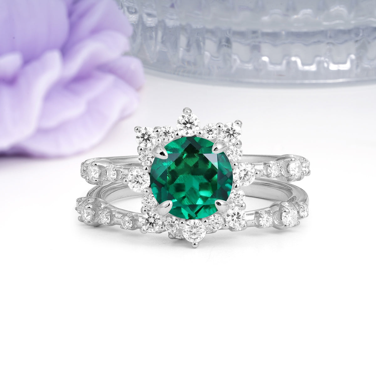 Rainbow Flash Floral Halo Twisted Arm Mini Accent Round Cut Emerald Bridal Ring Set - Additional view