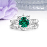 Rainbow Flash Floral Halo Twisted Arm Mini Accent Round Cut Emerald Bridal Ring Set - Additional view