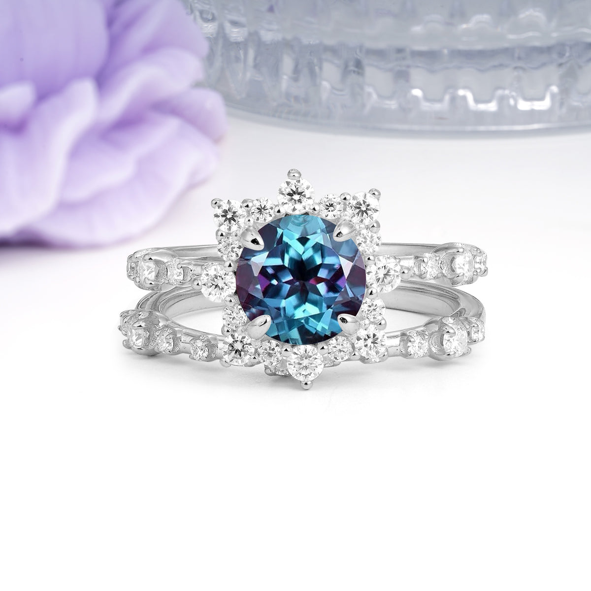 Rainbow Flash Floral Halo Twisted Arm Mini Accent Round Cut Alexandrite Bridal Ring Set - Additional view