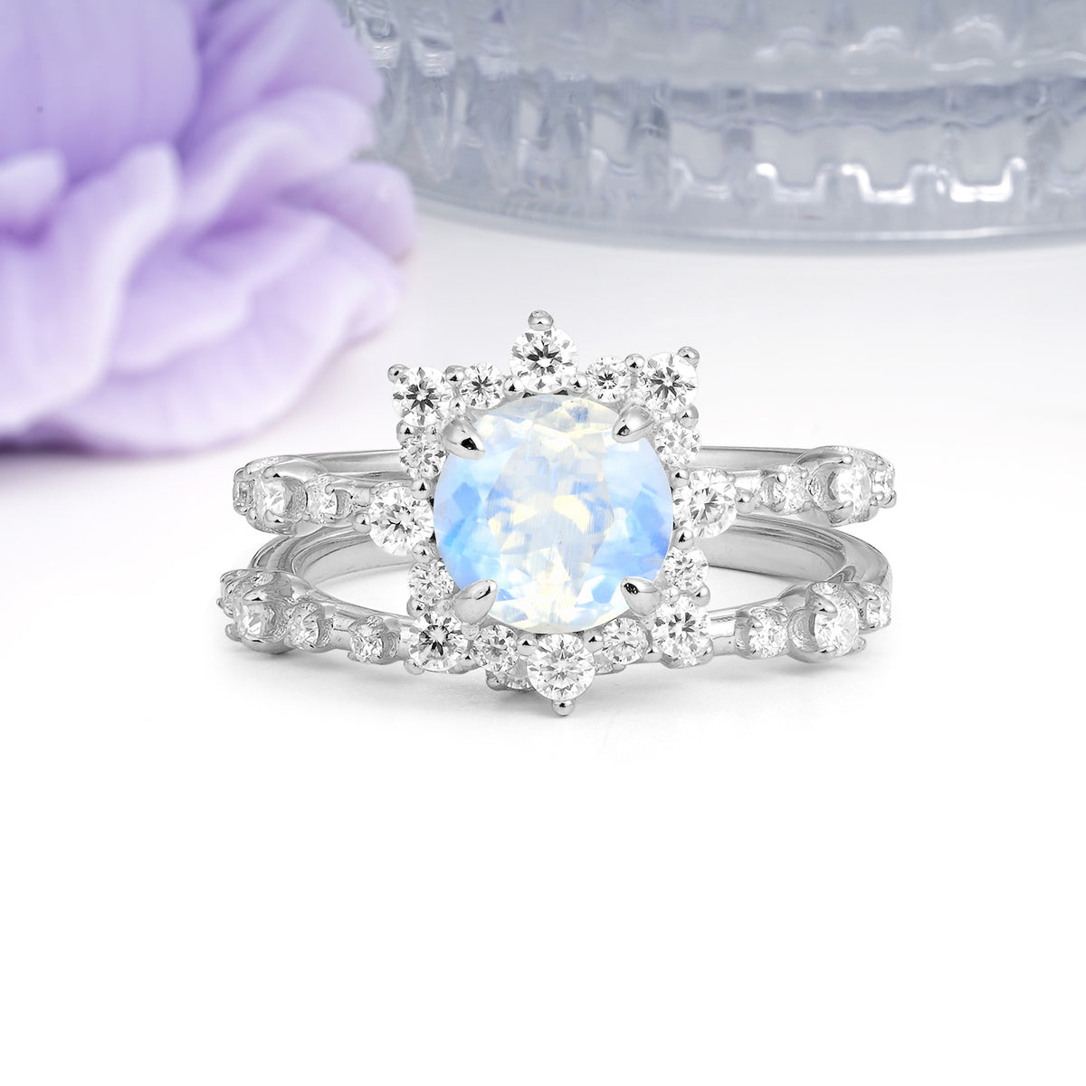Rainbow Flash Floral Halo Twisted Arm Mini Accent Round Cut Moonstone Bridal Ring Set - Additional view