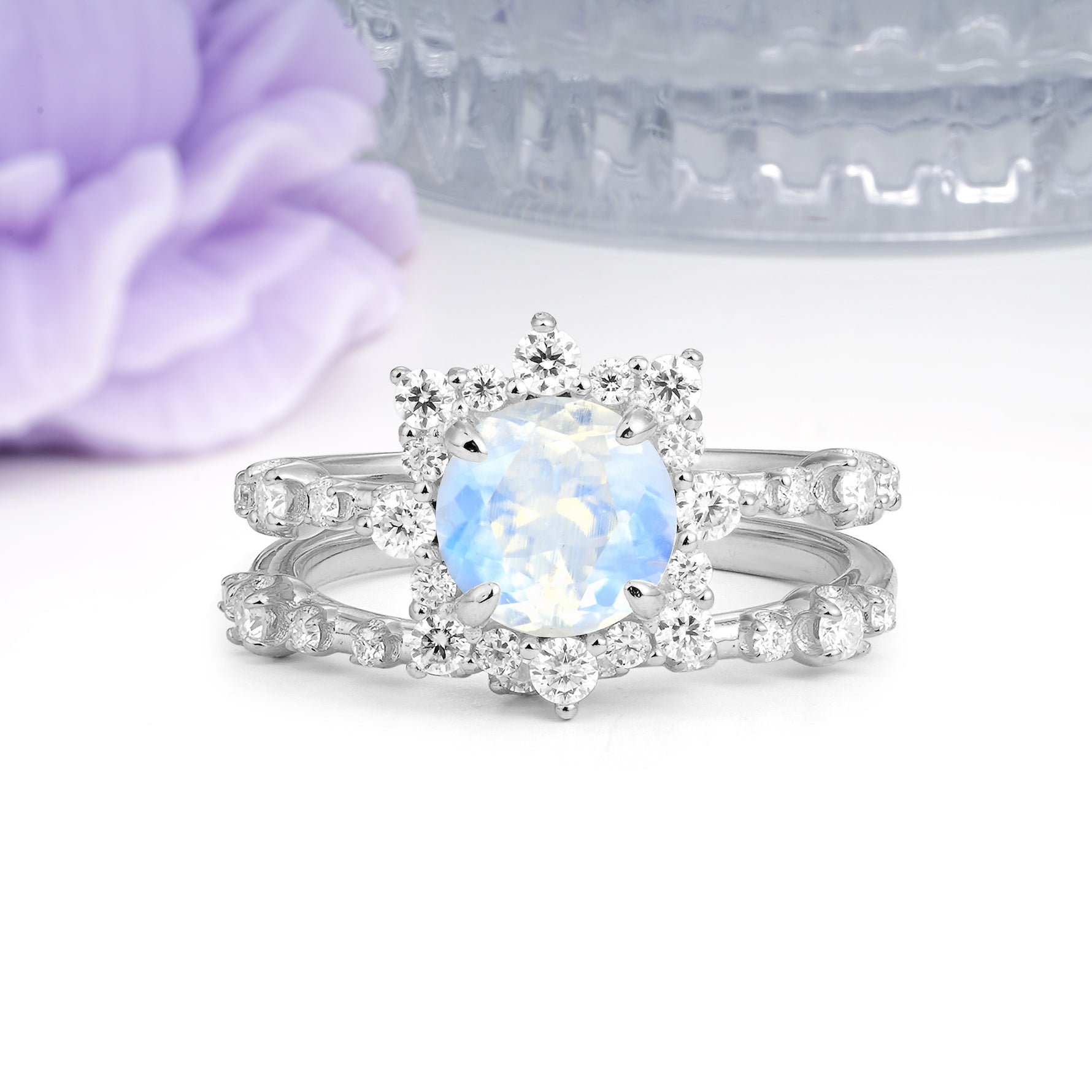 Rainbow Flash Floral Halo Twisted Arm Mini Accent Round Cut Moonstone Bridal Ring Set - Additional view
