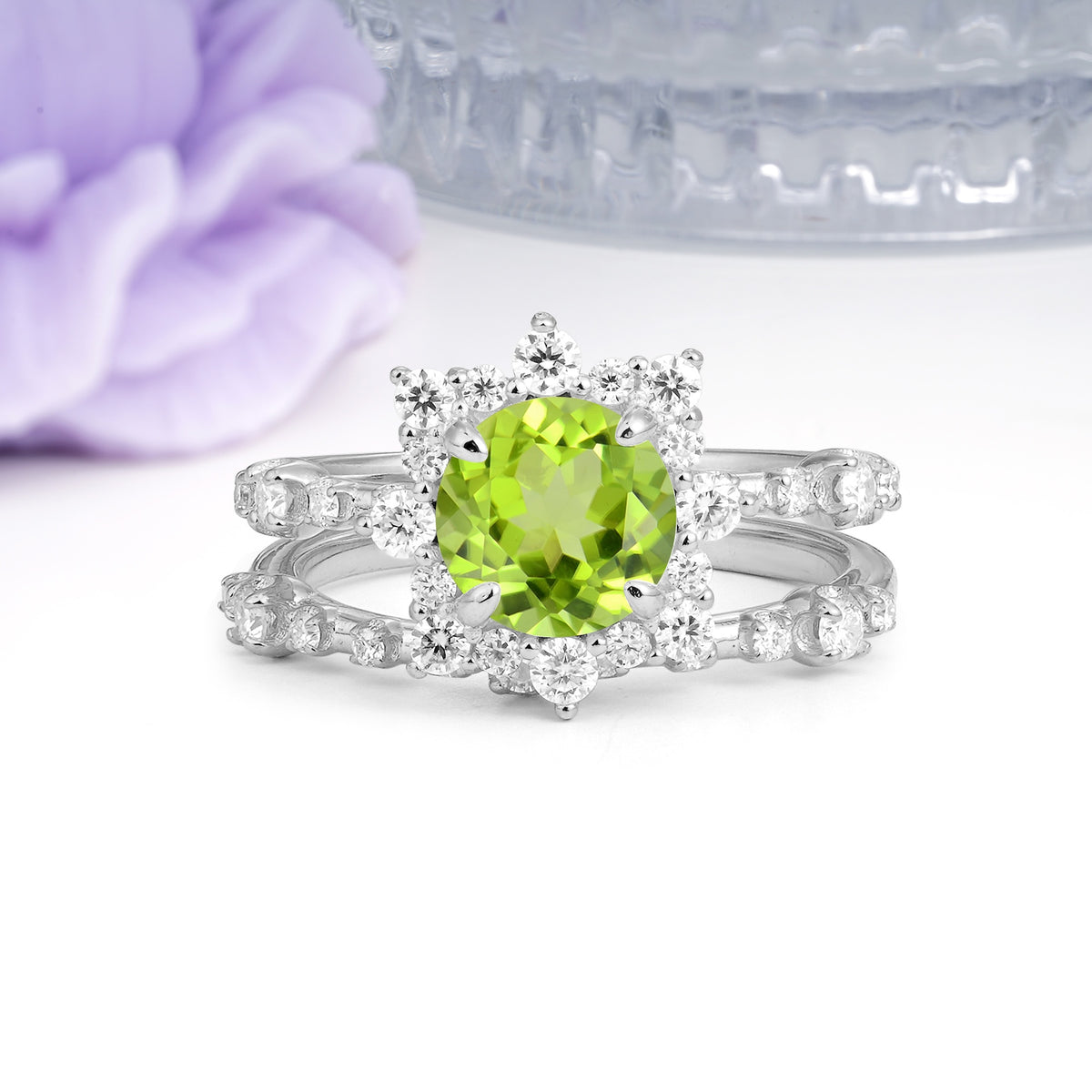 Rainbow Flash Floral Halo Twisted Arm Mini Accent Round Cut Peridot Bridal Ring Set - Additional view