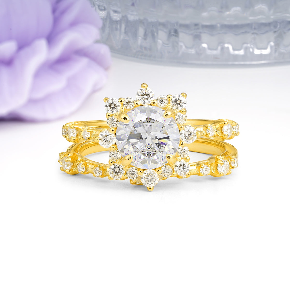 Rainbow Flash Floral Halo Twisted Arm Mini Accent Round Cut Moissanite Bridal Ring Set - Additional view