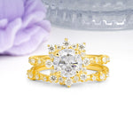 Rainbow Flash Floral Halo Twisted Arm Mini Accent Round Cut Moissanite Bridal Ring Set - Additional view