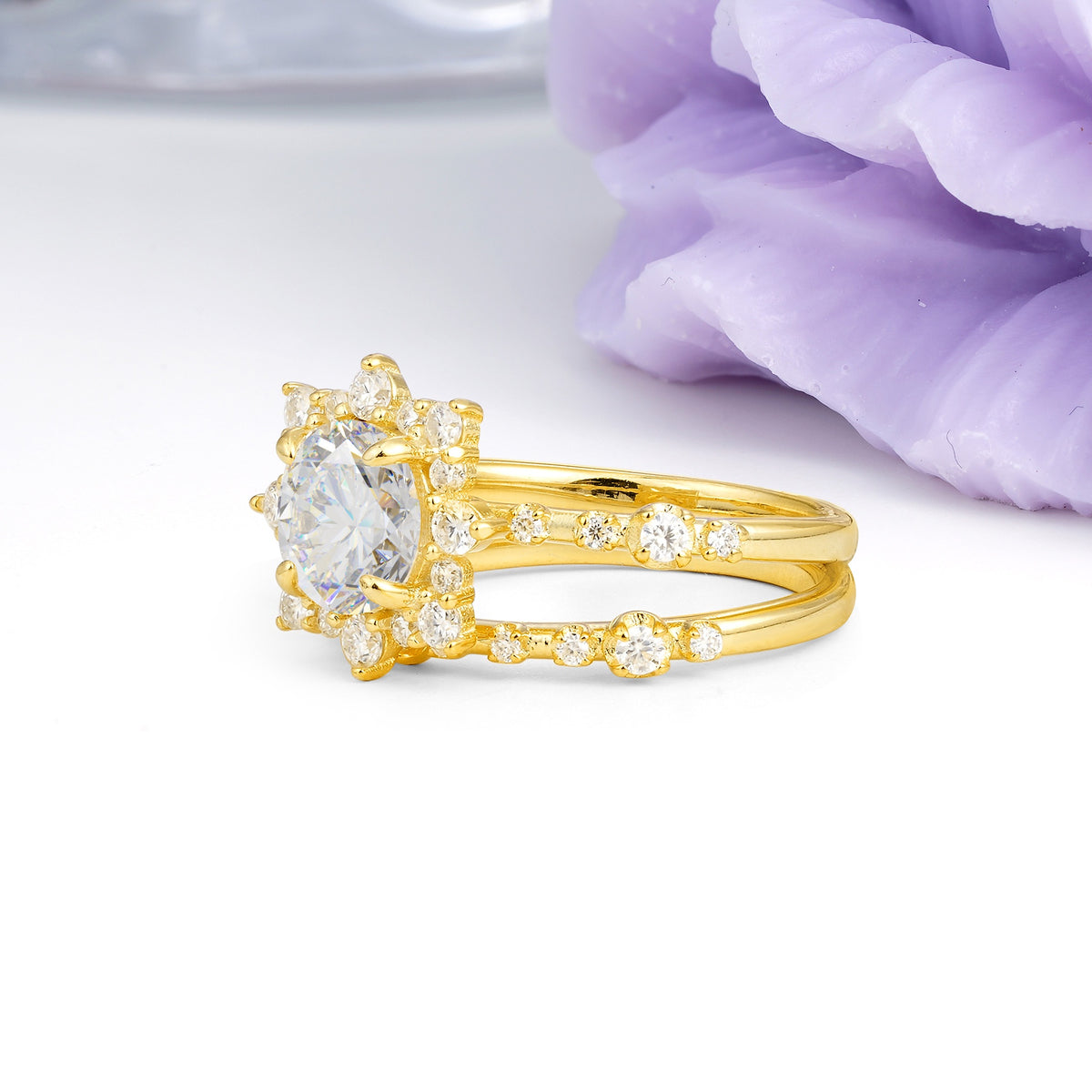 Rainbow Flash Floral Halo Twisted Arm Mini Accent Round Cut Moissanite Bridal Ring Set - Additional view
